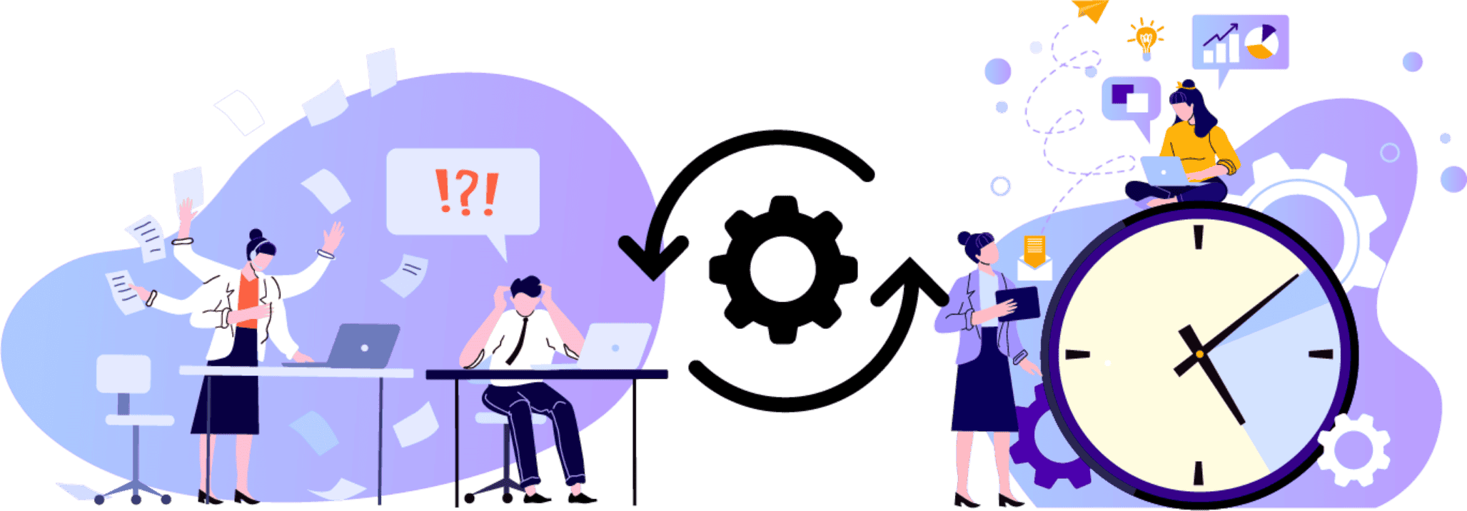 Illustration a side-by-side comparison image: on the left, a chaotic scene of team members overwhelmed with manual tasks; on the right, a calm, organized team efficiently working with the help of automated messaging