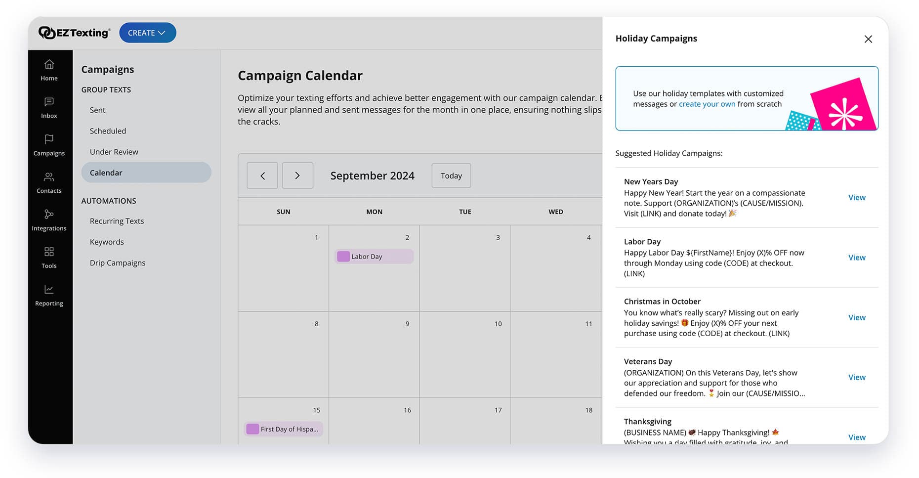 In-app view of campaign calendar with preloaded holiday campaign options.