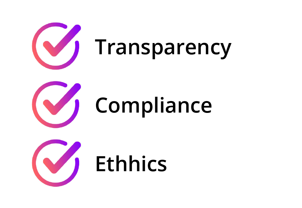 Illustration of a checklist with Transparency, Compliance, and Ethics all checked off