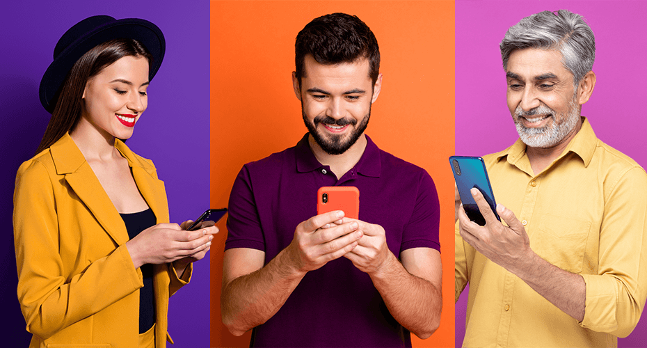 Split-screen of 2 - 3 different-looking people reading a text on their smartphone