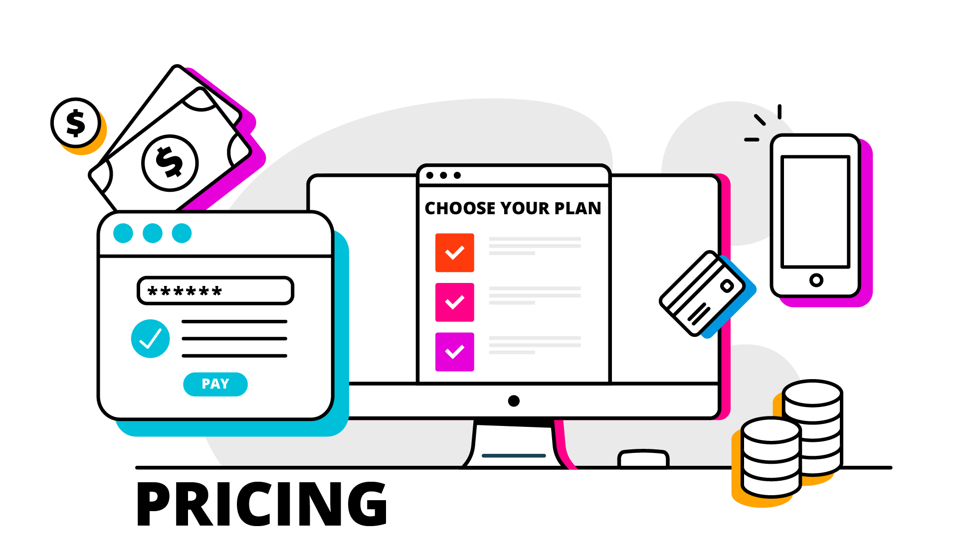 Illustration of money, laptop, pricing