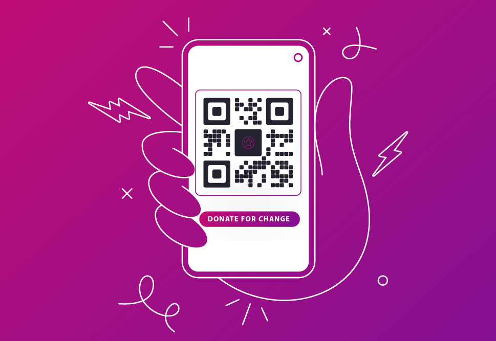 Image/illustration of a branded QR code with “Donate for Change” CTA