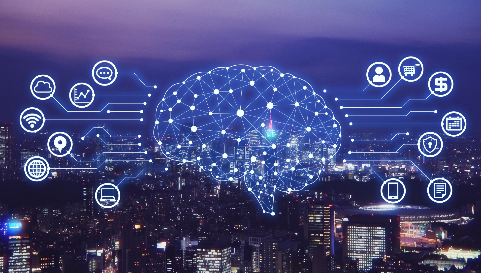 Illustration showing abstract concepts revolving around AI, like a brain with a question mark, smartphones, customer service headsets, written content on a laptop, etc.