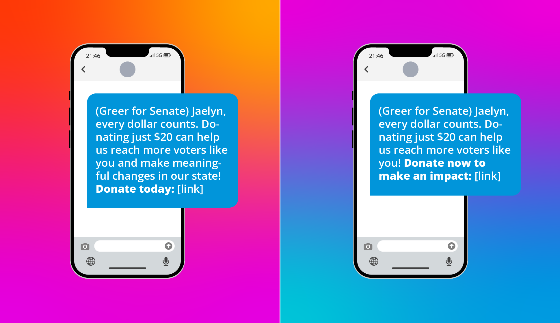 Two text messages displayed on separate phones (to depict A/B testing for CTAs):