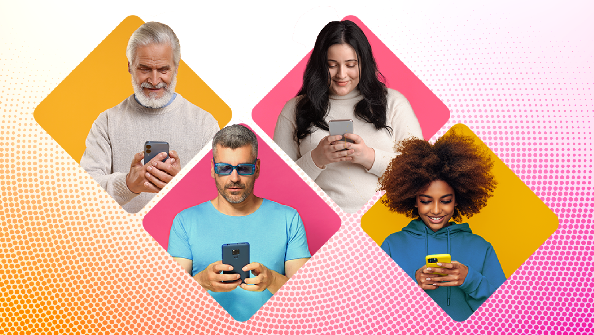 Image of 3-4 people texting, all of different ages (Boomer, Gen X, Millennial, Gen Z)