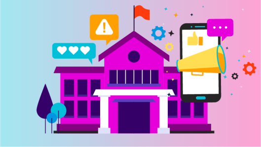 Illustration of a school building with smaller icons like a megaphone, heart, exclamation point, etc (to signify communication)