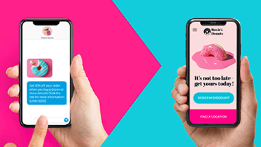 Illustration of a person’s finger clicking a CTA link in a text message side by side with an illustration of a basic retail web page on their phone