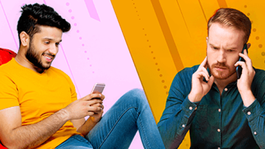 Illustration of someone texting and another of someone talking on the phone with a sales rep, side by side