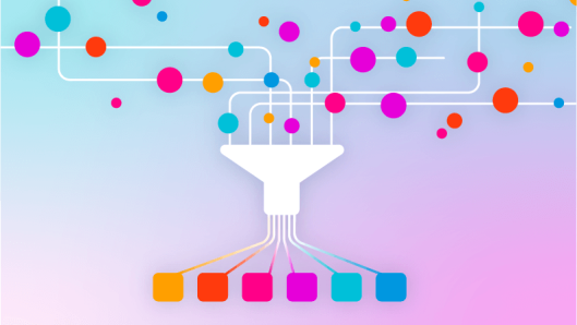 Illustration depicting contacts getting filters by color lanes. The image begins with a bunch of dots or icons representing contacts that are all multi-colored and mixed together. In the middle of the image is a funnel or filter representing the act of uploading, and at the bottom of the image is an organized line of contacts pooling into their respective “lane” or list.