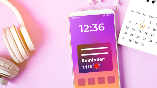 Illustration of a calendar with a day circled, and next to it is a text reminder displayed on a phone (using red/white/blue colors)