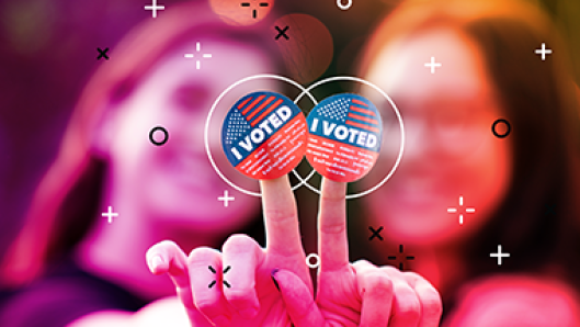 Illustration of people wearing “VOTE” pins