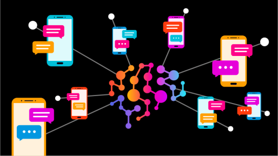 Illustration of a brain with connections to customer smartphones